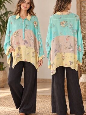 Johnny Was Floral Colorblock Button-Front Tunic (292976) ☀️ 🦋